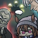  ... 1girl 2boys :3 akagi:_yami_ni_oritatta_tensai akagi_shigeru animal_ears aura bangs beanie blurry blurry_background brown_hair chandelier commentary crossover ears_through_headwear fukumoto_nobuyuki_(style) grey_hair grey_headwear grin hair_between_eyes hat horse_ears horse_girl jazz_jack lowres multiple_boys nakayama_festa_(umamusume) old old_man purple_eyes rivals sailor_collar school_uniform sidelocks smile spoken_ellipsis stare_down summer_uniform tracen_school_uniform trait_connection umamusume washizu_iwao white_sailor_collar wrinkled_skin 