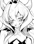  1girl ahoge blush cross-shaped_pupils demon_horns facial_tattoo fangs greyscale hair_between_eyes heart heart_ahoge highres horns konimomo01 long_hair looking_at_viewer magia_baiser_(la_verita) mahou_shoujo_ni_akogarete monochrome open_mouth saliva saliva_trail shrug_(clothing) solo sweat symbol-shaped_pupils tattoo upper_body 