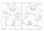 2024 2koma 4_fingers anthro arms_bent beverage big_breasts big_eyes big_nipples biped black_and_white bodily_fluids bottomwear breasts bubble button_(fastener) can cheek_tuft claws cleavage cleavage_overflow clothed clothed_anthro clothed_female clothing collarbone comic container curved_eyebrows dbaru digital_drawing_(artwork) digital_media_(artwork) drooling drunk drunk_bubble eyebrows eyelashes facial_markings facial_tuft felid female finger_claws fingers front_view fully_clothed fully_clothed_anthro fully_clothed_female fur fur_tuft gesture head_markings hi_res holding_beverage holding_can holding_container holding_object huge_breasts humanoid_hands looking_at_viewer mammal markings mature_anthro mature_female monochrome motion_lines motion_outline mrs._paprika narrowed_eyes nipple_outline nipples off_shoulder open_mouth pantherine paprika_(series) pattern_clothing pattern_shirt pattern_t-shirt pattern_topwear prick_ears raised_eyebrow saliva shirt shorts skimpy smile smiling_at_viewer solo spill spilled_drink spilling spilling_drink standing striped_body striped_clothing striped_face striped_fur striped_markings striped_shirt striped_t-shirt striped_tail striped_topwear stripes substance_intoxication t-shirt tail tail_markings teeth thin_eyebrows tiger top_heavy topwear tuft waving waving_at_viewer wet wet_clothing wet_shirt wet_t-shirt wet_topwear