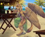 anthro avian background_character bag bartender beach beverage bikini bird canid canine cielofork clothed clothing digitigrade dress duo eastern_screech_owl feathered_wings feathers felid feline female furniture gryphon hi_res lemonade looking_at_viewer male mammal mythological_avian mythological_creature mythology off_shoulder owl pallas&#039;s_cat palm_tree partially_clothed plant screech_owl side_eye sitting solo_focus sona_(noxiis) stool sundress swimwear tree true_owl wings