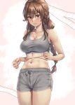  1girl bare_arms bare_shoulders blush braid breasts brown_hair cleavage closed_mouth collarbone commentary_request cowboy_shot green_eyes grey_shorts grey_sports_bra hair_between_eyes highres kantai_collection kokuzou large_breasts long_hair looking_down noshiro_(kancolle) short_shorts shorts simple_background solo sports_bra stomach tape_measure thighs twin_braids white_background 
