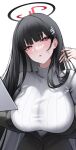  1girl black_hair black_halo blue_archive bright_pupils erbium hair_ornament hairpin halo highres holding holding_tablet_pc red_eyes ribbed_sweater rio_(blue_archive) solo sweater tablet_pc turtleneck turtleneck_sweater upper_body white_pupils white_sweater 