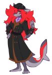 anthro barefoot clothed clothing coat corzh77 eyelashes feet female fish front_view grey_body grey_eyes hair hand_on_hip hi_res long_hair marine markings mouth_closed pupils red_hair red_markings red_pupils shark simple_background solo standing topwear white_background