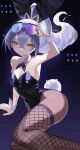  1girl alternate_costume animal_ears bare_shoulders black_leotard breasts brown_pantyhose cleavage closed_mouth crossed_bangs detached_collar eyewear_on_head fake_animal_ears fake_tail falken_(yutozin) fishnet_thighhighs fishnets grey_eyes grey_hair hair_between_eyes highres honkai:_star_rail honkai_(series) leotard looking_at_viewer medium_breasts pantyhose playboy_bunny rabbit_ears rabbit_tail silver_wolf_(honkai:_star_rail) smile solo sunglasses tail thighhighs 