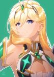  1girl acrylicstroke armpits artist_name bare_shoulders bianka_durandal_ataegina blonde_hair blue_eyes breasts circlet cleavage cleavage_cutout closed_mouth clothing_cutout commission commissioner_upload core_crystal_(xenoblade) cosplay dress earrings green_background honkai_(series) honkai_impact_3rd jewelry large_breasts look-alike looking_at_viewer mythra_(xenoblade) mythra_(xenoblade)_(cosplay) non-web_source outline signature simple_background solo upper_body watermark white_background white_dress white_outline xenoblade_chronicles_(series) xenoblade_chronicles_2 