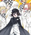  2girls 3boys black_cape blush cape checkered_clothes checkered_scarf clown_mask commentary_request crossed_arms danganronpa_(series) danganronpa_v3:_killing_harmony fang hair_between_eyes happy hat heart highres male_focus mask multiple_boys multiple_girls no? oma_kokichi open_mouth purple_eyes purple_hair scarf short_hair sketch skin_fang smug sparkle standing straitjacket yellow_background 