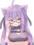  1girl :d absurdres ahoge animal_ears arm_under_breasts bare_shoulders black-framed_eyewear blush breasts cat_ears cleavage cleavage_cutout clothing_cutout commentary_request fang glasses grey_sweater hand_up highres hololive long_hair looking_at_viewer medium_breasts nekomata_okayu purple_eyes purple_hair ribbed_sweater simple_background sleeveless sleeveless_sweater sleeveless_turtleneck smile solo sweater turtleneck turtleneck_sweater umberblack upper_body very_long_hair virtual_youtuber white_background 