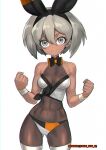  1girl absurdres adapted_costume artist_name bangs bea_(pokemon) black_hairband bodystocking bow_hairband breasts clenched_hands closed_mouth commentary_request covered_abs covered_navel cowboy_shot eyelashes grey_eyes grey_hair hair_between_eyes hairband highres ninnin_(shishitou) pokemon pokemon_(game) pokemon_swsh short_hair simple_background smile solo twitter_username white_background wristband 
