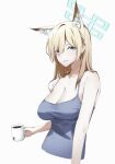  1girl absurdres animal_ear_fluff animal_ears bare_shoulders blonde_hair blue_archive blue_camisole blue_eyes blue_halo breasts camisole cleavage coffee_mug collarbone cup dog_ears dog_girl gradient_hair gunpuu hair_between_eyes hair_over_one_eye halo highres holding holding_cup kanna_(blue_archive) large_breasts long_hair looking_at_viewer mug multicolored_hair sharp_teeth sidelocks simple_background solo teeth white_background 