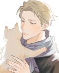  1boy animal blonde_hair brown_eyes cat expressionless highres holding holding_animal holding_cat jujutsu_kaisen looking_at_another lovemycat18 male_focus nanami_kento purple_scarf scarf short_hair solo white_background 
