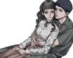  1boy 1girl amikoiiko black_hair black_ribbon brown_hair cowboy_shot fear_&amp;_hunger fear_&amp;_hunger_2:_termina frilled_shirt_collar frills green_jumpsuit highres hug hug_from_behind jumpsuit levi_(fear_&amp;_hunger) long_hair long_sleeves marina_(fear_&amp;_hunger) mouth_piercing pink_skirt ribbon shirt sitting skirt upper_body white_shirt 