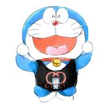  1:1 2021 anthro blue_body blue_fur clothed clothing domestic_cat doraemon doraemon_(character) eyes_closed felid feline felis flexing front_view fur gucci machine male mammal mt_tg open_mouth raised_arms red_nose robot shaded simple_background solo standing tongue whiskers white_background white_body white_fur 