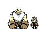 abs anthro bandai_namco chibi clothing digimon digimon_(species) duo fluffy_chest fur gloves handwear humor long_ears male muscular muscular_anthro muscular_male pecs ponytail_ears symbareangoramon yellow_body yellow_fur youzaiyouzai112