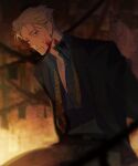 1boy 2ck24 arms_behind_back blonde_hair blood blood_on_face blue_shirt collared_shirt formal highres jujutsu_kaisen long_sleeves looking_at_viewer male_focus nanami_kento necktie one_eye_closed parted_lips shirt short_hair solo suit unbuttoned undone_necktie upper_body yellow_necktie 