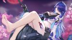  1girl acheron_(honkai:_star_rail) bare_legs barefoot black_choker black_gloves black_shorts breasts chain cherry_blossoms choker coat detached_sleeves feet foot_out_of_frame gloves gradient_hair hair_over_one_eye highres honkai:_star_rail honkai_(series) leg_tattoo legs long_hair midriff multicolored_hair nail_polish navel on_ground petals purple_eyes purple_hair scabbard sheath sheathed short_shorts shorts sitting soles solo stomach sword tattoo toenail_polish toenails toes weapon white_(user_gpgw2383) white_coat white_hair 