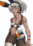  1girl :o absurdres adapted_costume artist_name ass bangs bea_(pokemon) black_hairband breasts commentary_request cowboy_shot dark-skinned_female dark_skin from_behind grey_hair hairband highres leotard ninnin_(shishitou) open_mouth pokemon pokemon_(game) pokemon_swsh rabbit_tail short_hair simple_background solo tail teeth tongue twitter_username upper_teeth wedgie white_background wristband 