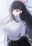  1girl black_hair blue_archive blunt_bangs blush breasts bright_pupils floating_hair hair_ornament hairclip halo highres huge_breasts long_hair long_sleeves red_eyes rio_(blue_archive) solo sweater turtleneck turtleneck_sweater very_long_hair white_pupils white_sweater yuki_(asayuki101) 