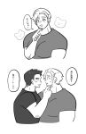  2boys alternate_facial_hair ao_isami blush couple cropped_torso eye_contact face-to-face facial_hair greyscale hand_on_another&#039;s_chin highres large_pectorals lewis_smith looking_at_another male_focus monochrome multiple_boys muscular muscular_male paya_genko_man pectorals shirt sideburns_stubble sparse_stubble stubble t-shirt thick_eyebrows translation_request yaoi yuuki_bakuhatsu_bang_bravern 