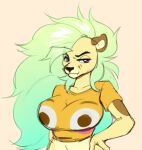 absurd_res anthro brown_body brown_fur clothed clothing facial_markings felid female fluffy fluffy_hair fur fur_markings gabriella_(raven) green_hair hair hand_on_hip head_markings hi_res lion long_hair mammal markings multicolored_body multicolored_fur pantherine shirt sketch solo sugarstar-ru topwear yellow_body yellow_fur