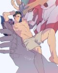  2boys absurdres ao_isami arms_up bare_pectorals black_hair blush bravern facial_hair highres invisible_man licking licking_armpit llld_(2ldk1241) male_focus mecha multiple_boys official_alternate_costume pectorals robot shorts sideburns_stubble size_difference smile stubble super_robot thick_eyebrows toned toned_male yaoi yuuki_bakuhatsu_bang_bravern 