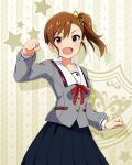  1girl :d asymmetrical_bangs black_skirt breasts brown_hair buttons clenched_hands collar collarbone cowboy_shot dot_nose eyelashes forehead futami_mami grey_serafuku grey_shirt hair_ribbon hand_up idolmaster idolmaster_(classic) idolmaster_million_live! idolmaster_million_live!_theater_days junior_high_schoolmate_(idolmaster) light_blush lone_nape_hair long_sleeves looking_at_viewer neck_ribbon official_alternate_costume official_art open_mouth plaid_collar pleated_skirt purple_eyes red_ribbon ribbon school_uniform serafuku shirt short_hair side_ponytail single_sidelock skirt small_breasts smile solo starry_background swept_bangs white_collar yellow_ribbon 