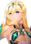  1girl acrylicstroke armpits bare_shoulders bianka_durandal_ataegina blonde_hair blue_eyes breasts circlet cleavage cleavage_cutout closed_mouth clothing_cutout commission commissioner_upload core_crystal_(xenoblade) cosplay dress earrings honkai_(series) honkai_impact_3rd jewelry large_breasts look-alike looking_at_viewer mythra_(xenoblade) mythra_(xenoblade)_(cosplay) non-web_source simple_background solo upper_body white_background white_dress xenoblade_chronicles_(series) xenoblade_chronicles_2 