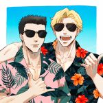  2boys :d alternate_costume ao_isami arm_around_shoulder artist_request black_hair blonde_hair couple facial_hair hawaiian_shirt highres lewis_smith looking_at_viewer male_focus multiple_boys pectoral_cleavage pectorals shirt sideburns_stubble smile stubble sunglasses thick_eyebrows upper_body w yaoi yuuki_bakuhatsu_bang_bravern 