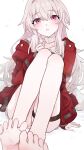  1girl absurdres arm_support awe_(adorableduckyy) bare_legs barefoot blush clara_(honkai:_star_rail) collarbone feet full_body fur_trim grey_hair hair_between_eyes hand_up highres honkai:_star_rail honkai_(series) jacket knees_up legs legs_together long_hair long_sleeves looking_at_viewer on_ground open_mouth pink_eyes red_jacket sidelocks sitting soles solo thigh_strap toes white_background 