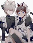  2boys absurdres animal_ears black_thighhighs blue_eyes blush brown_hair cat_boy cat_ears cat_tail grey_hair highres ikari_shinji light_blush light_smile looking_at_viewer maid male_focus mogutofuoes multiple_boys nagisa_kaworu neon_genesis_evangelion rebuild_of_evangelion red_eyes short_hair simple_background smile tail thighhighs white_background yaoi 