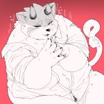 96panda anthro belly belphegor_(tas) blush clothing curled_tail demon eyebrows heart_symbol hi_res horn japanese_text lifewonders male navel overweight smug solo tail text thick_eyebrows tokyo_afterschool_summoners undressing