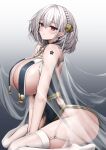  1girl absurdres azur_lane bare_shoulders blush braid breast_curtains breasts commentary_request from_side gradient_background grey_hair hair_between_eyes hair_ornament highres huge_breasts looking_at_viewer looking_to_the_side official_alternate_costume parted_lips red_eyes see-through short_hair sideboob simple_background sirius_(azur_lane) sirius_(azure_horizons)_(azur_lane) solo thighhighs thighs ueyama_0clock white_thighhighs 