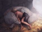  1boy animal animal_focus barefoot cave closed_eyes commentary english_commentary family full_body highres male_focus nude original sharaiza short_hair sleeping snowing solo toes topless_male traditional_media white_wolf wolf 
