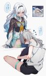 2girls aqua_skirt bare_shoulders black_hairband black_jacket black_skirt black_thighhighs blue_thighhighs commentary_request cropped_jacket firefly_(honkai:_star_rail) frown gradient_legwear grey_hair grey_shirt hairband headpat highres honkai:_star_rail honkai_(series) jacket lap_pillow looking_at_another looking_down multiple_girls neckerchief off-shoulder_shirt off_shoulder one_side_up open_mouth orange_neckerchief purple_eyes shaded_face shirt simple_background sitting skirt smile speech_bubble squiggle stelle_(honkai:_star_rail) thigh_strap thighhighs trailblazer_(honkai:_star_rail) translation_request white_background white_hair white_shirt yellow_eyes yodare_(3yami8) 