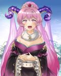  1girl :d bare_shoulders black_kimono breasts cleavage fire_emblem fire_emblem_heroes goat_horns highres horns japanese_clothes kimono long_hair long_sleeves looking_at_viewer nerthuz_(fire_emblem) nerthuz_(new_year)_(fire_emblem) official_alternate_costume open_mouth pink_eyes pink_hair pochi_(furaigonn) ponytail smile solo twitter_username upper_body very_long_hair wide_sleeves 