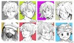  6+boys amami_rantaro androgynous android animal_ear_headwear animal_ears antenna_hair artist_name blue_background blush_stickers border cat_ears checkered_clothes checkered_scarf collared_jacket collared_shirt copyright_name covered_mouth cropped_shoulders danganronpa_(series) danganronpa_v3:_killing_harmony ear_piercing earrings english_text eyelashes facial_hair fake_animal_ears food_in_mouth frown glasses goatee gokuhara_gonta green_background grey_background greyscale_with_colored_background grin hair_between_eyes half-closed_eye hat high_collar hoshi_ryoma jacket jewelry k1-b0 leather leather_jacket loiodg long_hair looking_at_viewer male_focus mask momota_kaito mouth_mask multicolored_background multiple_boys multiple_earrings oma_kokichi peaked_cap piercing purple_background red_background round_eyewear saihara_shuichi scarf shinguji_korekiyo shirt short_hair simple_background smile upper_body v-shaped_eyebrows white_border yellow_background zipper zipper_pull_tab 