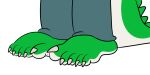  5_toes alligator alligatorid anthro barefoot blue_bottomwear blue_clothing bottomwear claws clothing cregon crocodile crocodilian crocodylid feet foot_focus green_body jolly_the_lizard jollyville male multicolored_body reptile scalie simple_background solo toes two_tone_body white_body white_claws 