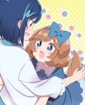  2girls animal_ears blue_bow blue_dress blue_hair blue_hairband bob_cut bow collared_dress commentary delicious_party_precure dog_ears dog_girl dog_tags dress fuwa_kokone green_eyes hair_bow hairband highres hug long_sleeves looking_at_another multiple_girls open_mouth pam-pam_(precure)_(human) precure shirt short_dress short_hair short_sleeves smile standing toon_(noin) white_shirt 