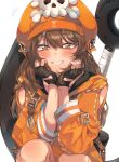  1girl anchor black_gloves brown_hair cabbie_hat fingerless_gloves gloves guilty_gear guilty_gear_strive hat hat_ornament highres hood hoodie kayanogura long_hair long_sleeves looking_at_viewer may_(guilty_gear) orange_eyes orange_hat orange_hoodie skull_and_crossbones skull_hat_ornament smile 