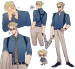  1boy 2ck24 anger_vein animal_print back blonde_hair blue_shirt chibi collared_shirt cowboy_shot formal full_body grey_pants grey_suit hand_in_pocket hand_on_own_face highres holding holding_weapon jacket jacket_removed jujutsu_kaisen leopard_print long_sleeves lower_teeth male_focus nanami_kento necktie one_eye_closed open_mouth pants shirt short_hair solo standing suit suspenders teeth upper_body walking watch weapon yellow_necktie 