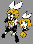  bajinns black_pants black_socks blonde_hair hair_ribbon highres kagamine_rin open_mouth pants ribbon socks vocaloid white_ribbon 