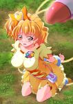  1girl absurdres blush boots breasts choker clover_ornament corset cure_pine earrings energy_drain fresh_precure! grass hair_ornament heart heart_earrings heart_hair_ornament highres jewelry kneeling large_breasts looking_at_viewer medium_hair open_mouth orange_choker orange_skirt outdoors pouch precure restrained shirt short_sleeves shorts shorts_under_skirt side_ponytail skirt sweatdrop tirofinire torn_clothes wrist_cuffs yamabuki_inori yellow_eyes yellow_footwear yellow_shirt 