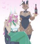  2022 absurd_res alcohol anthro beverage big_breasts blush bodily_fluids bottle bow_tie breasts canid canine canis chair clothed clothing duo fake_ears fake_rabbit_ears faygo_(foxtoad) female furniture glass hair handler_(foxtoad) hi_res lagomorph leporid looking_at_viewer mammal nanokindred pink_hair rabbit sitting sweat waiter wine wolf 