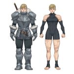  1girl armor blue_eyes chainmail clenched_hands elbow_sleeve fur_trim gauntlets jobureka knight leotard looking_at_viewer muscular muscular_female original pauldrons plate_armor scar scar_on_face short_hair shoulder_armor smile solo sword weapon white_background 