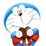  &lt;3 1:1 2021 anthro blue_body blue_fur bow_ribbon domestic_cat doraemon doraemon_(character) eyes_closed felid feline felis front_view fur holding_object machine male mammal mouth_closed mt_tg pouch_(anatomy) red_nose robot shaded simple_background solo standing whiskers white_background white_body white_fur 
