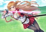  1girl armor asuna_(sao) asymmetrical_bangs bangs belt black_pantyhose blue_sky blurry blurry_background braid breastplate brown_belt brown_eyes brown_hair collarbone commentary_request cropped_vest dutch_angle fighting_stance glowing glowing_sword glowing_weapon grasslands holding holding_sword holding_weapon long_hair long_sleeves manato miniskirt motion_blur open_mouth pantyhose pleated_skirt rapier red_skirt red_vest shirt short_ponytail skirt sky solo sword sword_art_online sword_art_online_progressive vest weapon white_shirt 