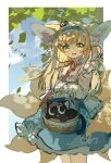  1girl :d absurdres animal_ear_fluff animal_ears arknights basket black_cat blonde_hair blue_dress blue_hairband border cat commentary_request crossover dress english_commentary fox_ears fox_girl fox_tail frilled_dress frilled_hairband frilled_shirt frills green_eyes hairband heixiu highres holding holding_basket kitsune looking_at_viewer luoxiaohei neck_ribbon outdoors outside_border red_ribbon ribbon shio_(7203802) shirt sketch sleeves_past_wrists smile standing suzuran_(arknights) suzuran_(spring_praise)_(arknights) tail the_legend_of_luo_xiaohei upper_body white_border 