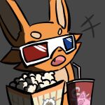 3d_glasses amused canid canine coke_(disambiguation) emoji eyewear female feral food fox foxparks glasses grey_background low_res mammal pal_(species) palworld pocketpair popcorn simple_background solo yuumisocute