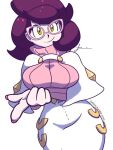  1girl arm_under_breasts big_hair breasts brown_eyes coat dress furboz glasses green_eyes index_finger_raised large_breasts long_sleeves pink-framed_eyewear pink_sweater pointing pointing_at_viewer pokemon pokemon_(game) pokemon_sm purple_hair ribbed_sweater short_dress sweater turtleneck turtleneck_sweater white_coat white_dress wicke_(pokemon) wide_hips 