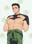  06584_1s2 1boy :p alternate_pectoral_size ao_isami bara bare_pectorals black_hair blush body_blush bravern character_background cowboy_shot facial_hair highres large_pectorals looking_at_viewer male_focus nipples pectorals presenting_pectorals shy sideburns_stubble solo standing stubble thick_eyebrows tongue tongue_out yuuki_bakuhatsu_bang_bravern 