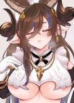  1girl anbaagu animal_ears areola_slip black_ribbon blush breasts brown_hair closed_eyes clothing_cutout commentary_request cropped_torso dangle_earrings earrings extra_ears frills galleon_(granblue_fantasy) gloves granblue_fantasy hair_between_eyes hair_ornament horns jewelry large_breasts multicolored_hair neck_ribbon necklace nipple_slip nipples pointy_ears ribbon solo streaked_hair underboob underboob_cutout white_gloves 